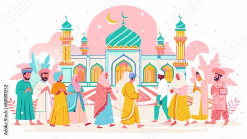 Colorful Eid Celebration at Mosque with Muslim Community Gathering