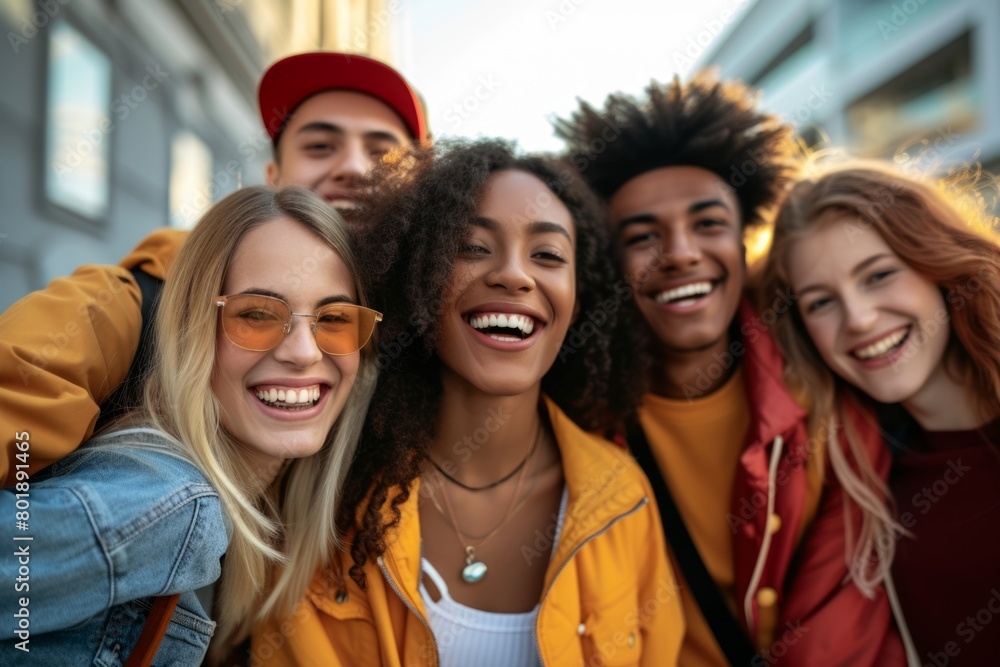 Cheerful friends. Group of cheerful young people looking at camera and smiling while standing outdoors Cheerful friends. Group of cheerful young people looking at camera and smiling while standing outdoors