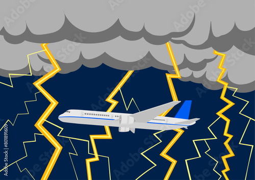 悪天候の中を飛行機が飛ぶ