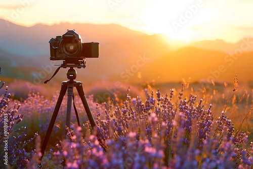 camera on tripod at sunset photo