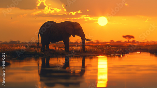 A lone elephant standing at the edge of a watering hole in the African savanna  its massive silhouette outlined against the golden glow of the setting sun 