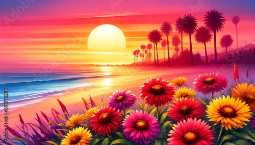 Fototapeta Naklejka Na Ścianę i Meble -  Watercolor painting of a Blanket flowers on a Beach at Sunset