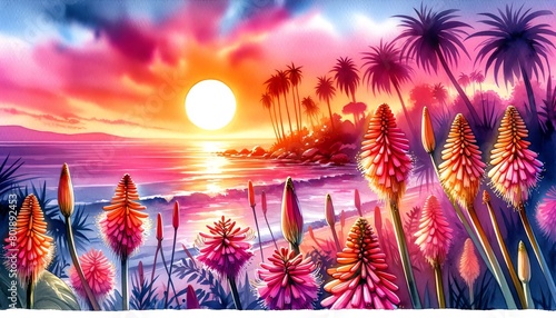 Watercolor painting of a Torch lily flowers on a Beach at Sunset photo