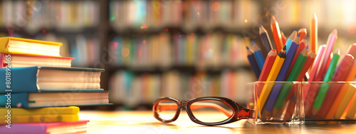 A blurred background of books and glasses on a table, with space for text or logo in the foreground. photo