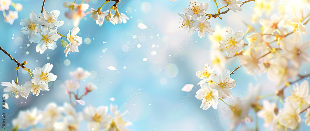 A blurred background of white and yellow cherry blossoms hanging from branches A blurred background of white and yellow cherry blossoms hanging from branches