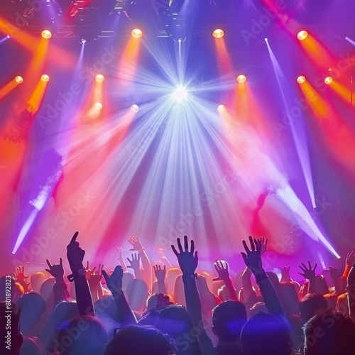 A crowd of people are at a concert  with the stage lit up with bright lights