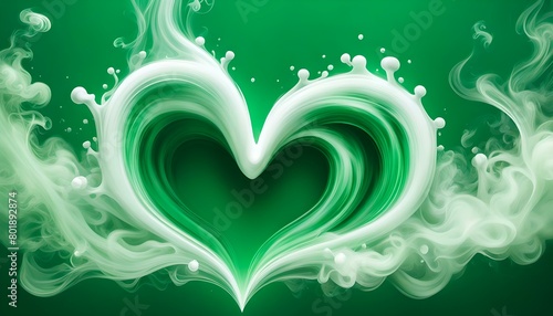 White Incense smoke steam or fog from hot food, liquid, billowing upwards to form a heart shape on green background 