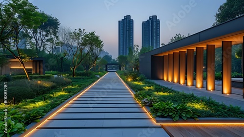 Tranquil Evening Stroll: Illuminated Garden Path © Maquette Pro