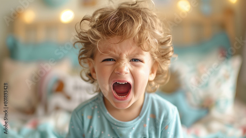 A 4-year-old boy screams against the background of a children's bedroom. toddler having a temper tantrum in their bedroom. The little boy is angry. children's bad sleep