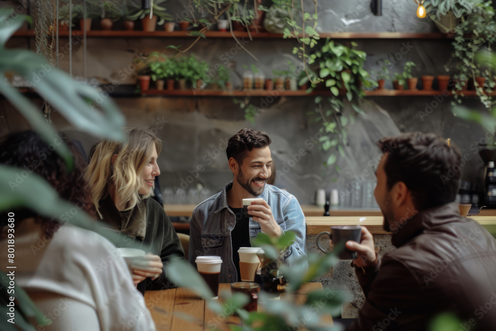 Group of people are smiling and drinking coffee. Generative AI Group of people are smiling and drinking coffee. Generative AI