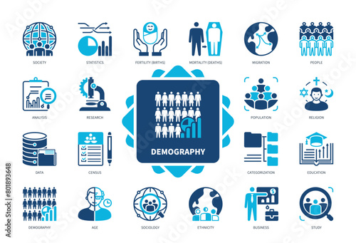 Demography icon set. Statistics, Census, Fertility, Mortality, Population, Research, Age, Ethnicity. Duotone color solid icons