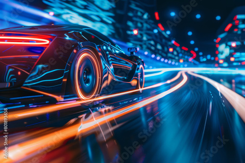 Cars lights on the road at night time. Futuristic car in movement. Generative AI © barmaleeva