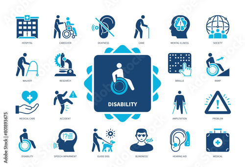 Disability icon set. Deafness, Mental Illness, Amputation, Blindness, Guide Dog, Speech Impairment, Society, Ramp. Duotone color solid icons