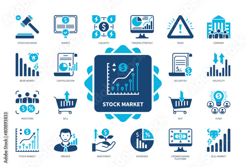 Stock Market icon set. Shares, Stock Exchange, Securities, Broker, Investment, Dividends, Capitalization, Volatility. Duotone color solid icons