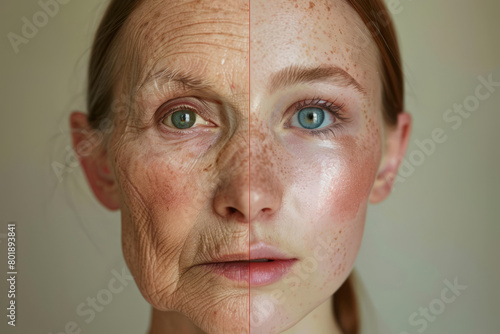 Concept of aging and skin care. Face of young woman and an old woman with wrinkles. Generative AI © barmaleeva