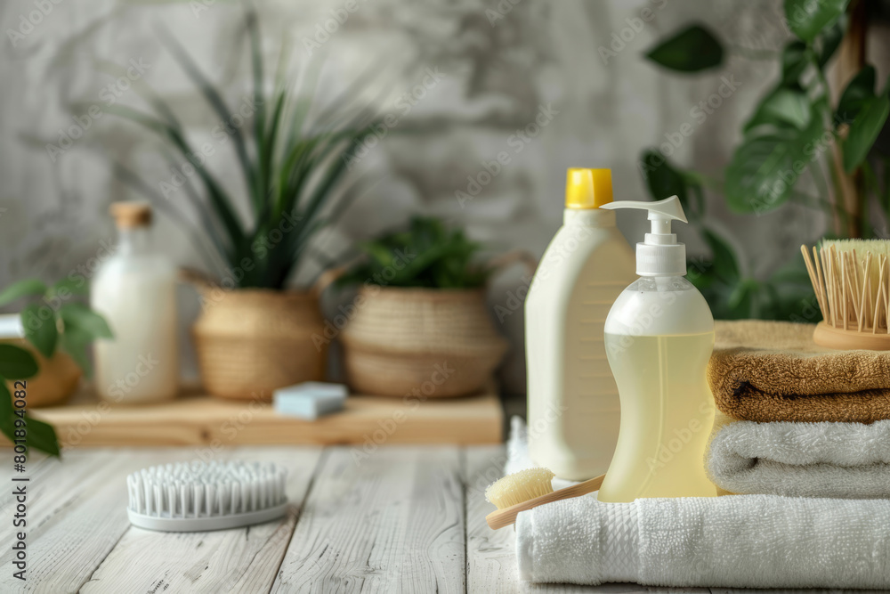 Bottles with eco friendly detergent, eco sponges and cleaning supplies Bottles with eco friendly detergent, eco sponges and cleaning supplies