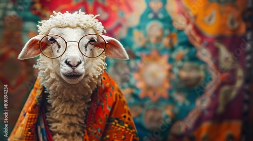 A fluffy white sheep wearing a tiny coat, glasses, and a wide smile, set against a vibrant Eid al-Adha background