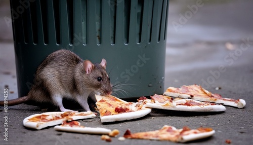 Rat nibbling on discarded pizza crusts