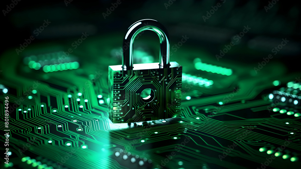 A padlock on a digital circuit board, A padlock on a digital circuit board,