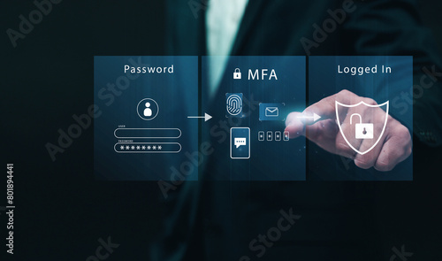 Multiple factor authentication MFA method using portable devices to protect data and account on internet data security concept, businessman finger touching secure computer technology graphics icon.