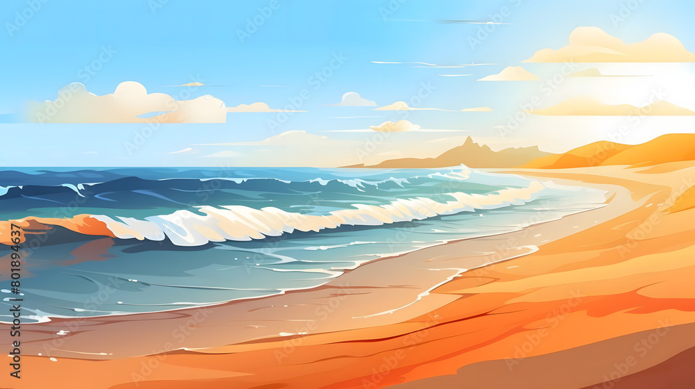 Sun Drenched Seashore, Beach Background in Summer, Realistic Beach Landscape. Vector Background