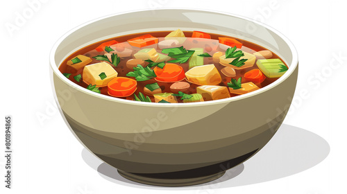 bowl of hearty vegetable soup, brimming with carrots, celery, potatoes, and beans, simmered in a savory broth and garnished with parsley, offering nourishment and warmth on a cold day.