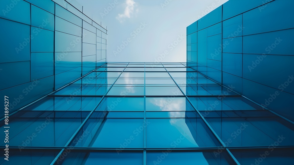 Fototapeta premium Minimalist Blue Glass Facade of Modern Urban Commercial Building
