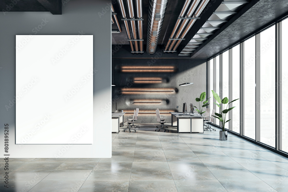 Obraz premium Modern coworking office interior with empty white mock up banner on wall, window and sunlight. 3D Rendering.