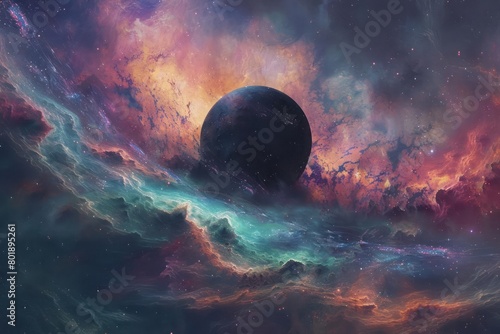 A mysterious black sphere hovers gracefully amidst a cosmic, fantastical landscape filled with vivid celestial bodies. The raw beauty of cosmic landscapes