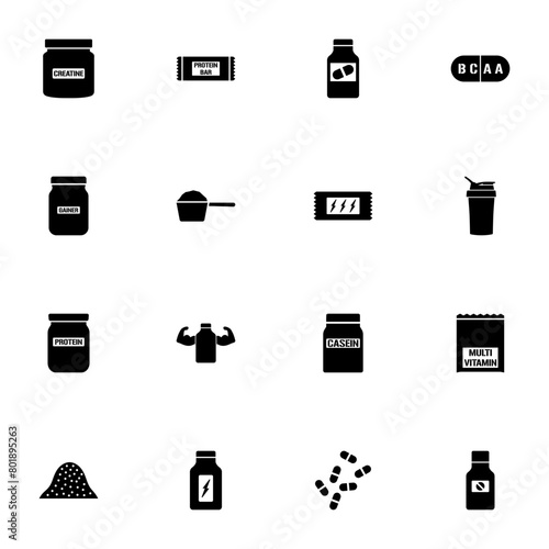 Sport Supplements icon - Expand to any size - Change to any colour. Perfect Flat Vector Contains such Icons as powder, vitamin, protein, nutrition, bottle, workout, gainer, bcaa, training, water, mass