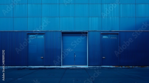 Minimalist Blue Industrial Warehouse Building with Geometric Architectural Design © pkproject