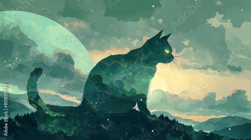 a humorous cat illustration in the colors dark green and light sky blue, featuring a double exposure of the silhouette of a cat. Alena ami photo