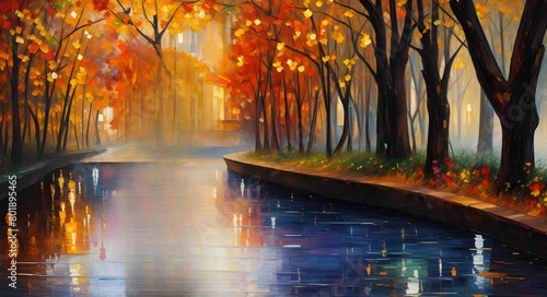 Beautiful autumn landscape with colorful trees in the park. Digital painting