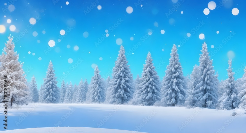 Winter landscape with snowy fir trees and snowdrifts. Christmas background