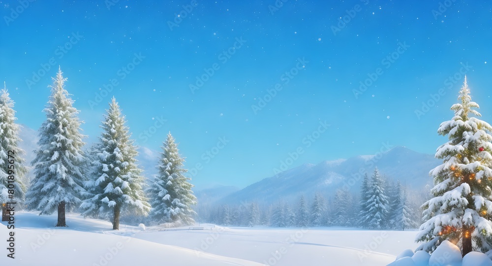 Winter landscape with snowy fir trees and snowdrifts. Christmas background