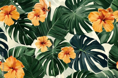 A lush botanical pattern with tropical leaves and flowers for a trendy and natural background