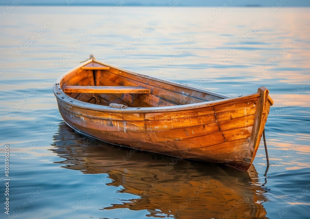 Serene Sunset Scene with Wooden Rowboat on Calm Lake Waters Serene Sunset Scene with Wooden Rowboat on Calm Lake Waters