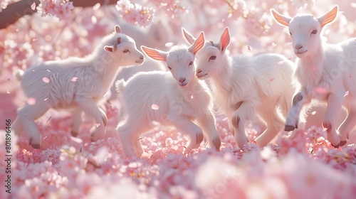 A group of playful baby goats frolicking around a blossoming cherry tree, their tiny hooves kicking up petals in the air photo