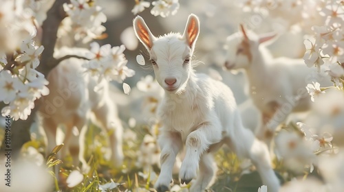 A group of playful baby goats frolicking around a blossoming cherry tree, their tiny hooves kicking up petals in the air © SHAPTOS