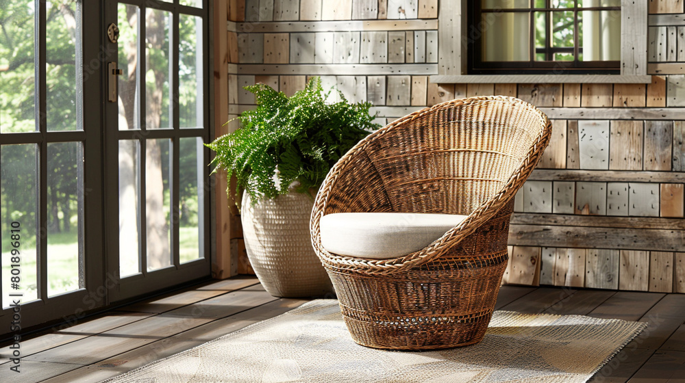 vintage-inspired basket chair with a woven wicker construction and curved backrest, evoking a sense of nostalgia and charm that adds character to any porch, patio, or sunroom.