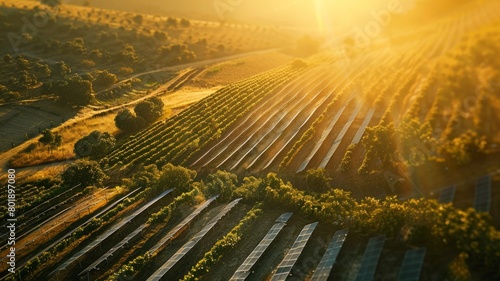 A field of grapes with a sun shining on it