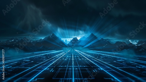 futuristic background with blue glowing lines and mountain range in the distance  dark sky  light rays shining through