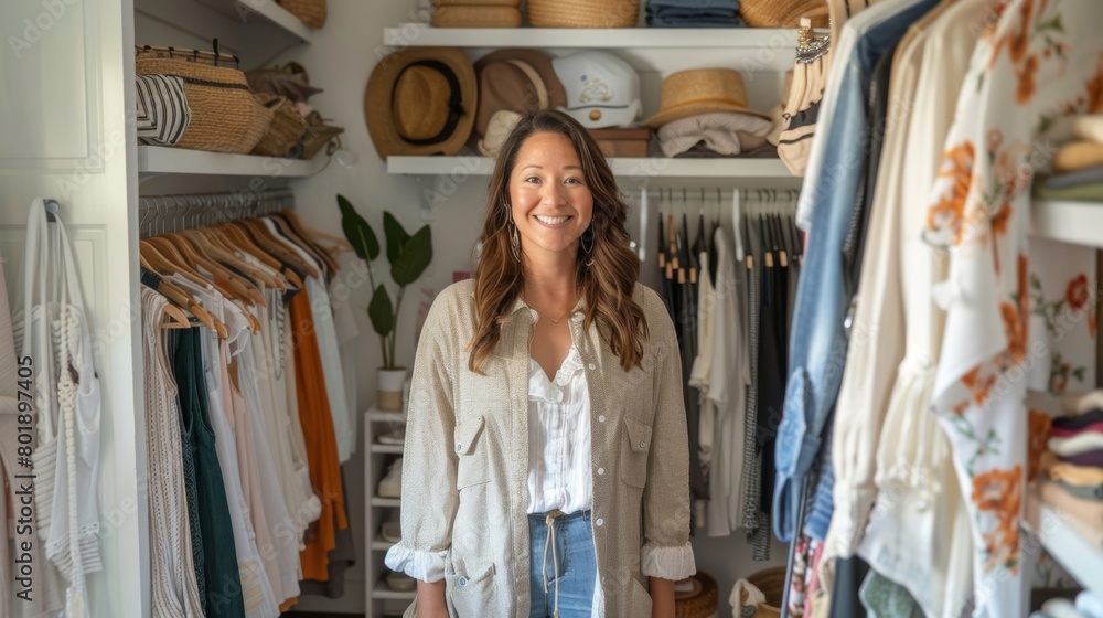 A woman is shown in her walkin closet filled with sustainable fashion pieces in a variety of styles and colors proving that sustainability and personal style can go hand in hand. A woman is shown in her walkin closet filled with sustainable fashion pieces in a variety of styles and colors proving that sustainability and personal style can go hand in hand.
