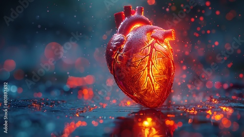 Human anatomy, vibrant colors, closeup on heart, chiaroscuro lighting, high detail, medical illustration style