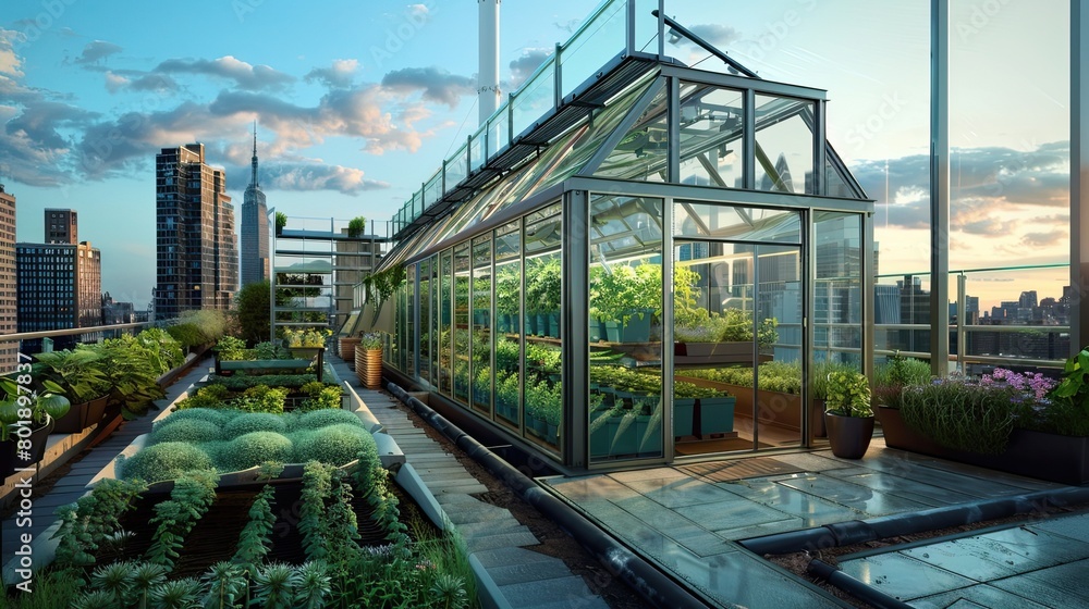Contemporary urban rooftop greenhouse with hydroponic growing systems, glass walls, and sustainable gardening workshops.