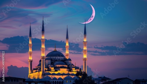 A large, ornate building with a large, glowing moon in the sky