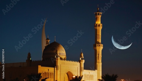 A mosque with a crescent moon in the sky photo
