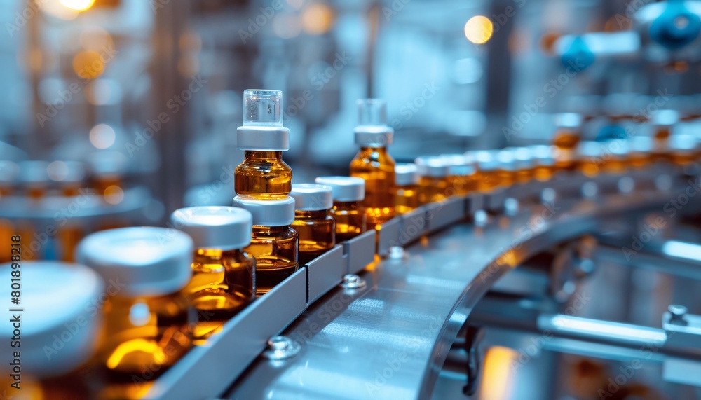 Glass bottles in production in the tray of an automatic liquid dispenser, a line for filling medicines against bacteria and viruses, antibiotics and vaccines.
