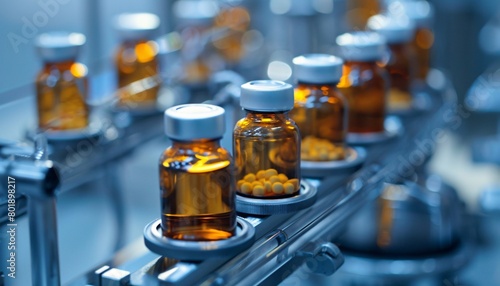 Glass bottles in production in the tray of an automatic liquid dispenser, a line for filling medicines against bacteria and viruses, antibiotics and vaccines.