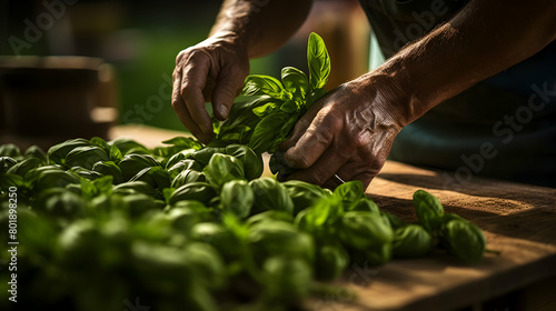 Aromatic basil leaves being harvested with care